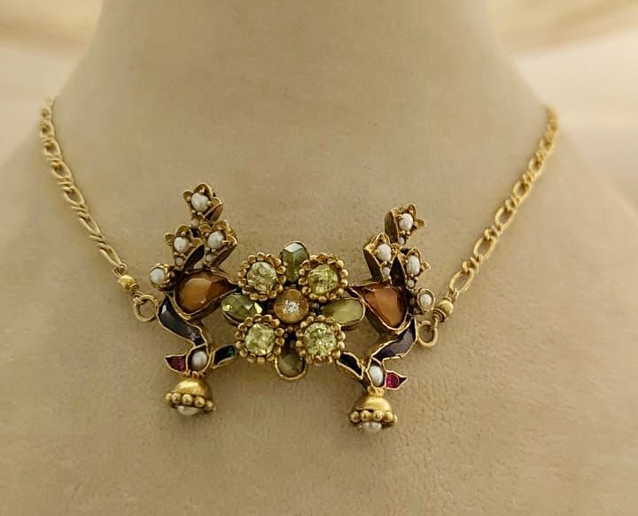 Shop Amrapali multistone floral gold plated necklace online in USA. Buy beautiful gold plated jewelry, gold plated earrings, silver earrings, silver bangles, bridal jewelry, wedding jewellery from Pure Elegance Indian fashion store in USA.-full view