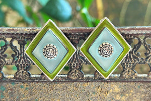 Shop green and blue enamel diamond shape silver earrings online in USA. Complete your Indian look with beautiful Amrapali gold plated jewelry, gold plated earrings, temple jewelry, silver jewelry, silver earrings available at Pure Elegance Indian fashion store in USA.-full view