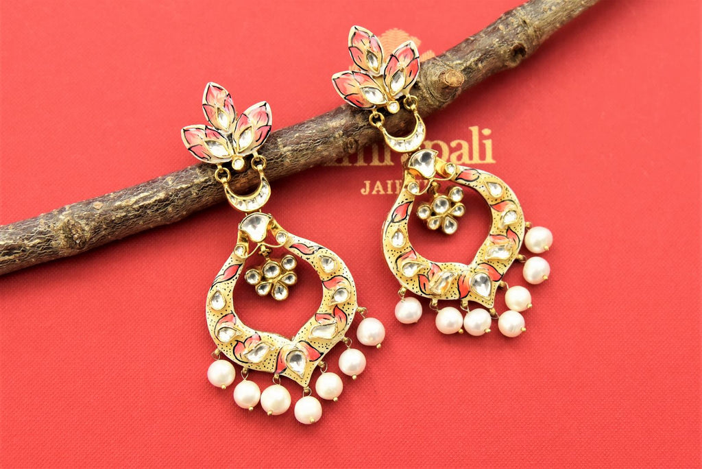 Buy Amrapali minakari gold plated chandbali online in USA with pearl drops. Shop gold plated jewelry, silver jewelry, gold plated earrings, wedding jewelry, bridal jewellery from Pure Elegance Indian fashion store in USA in best designs and quality.-full view