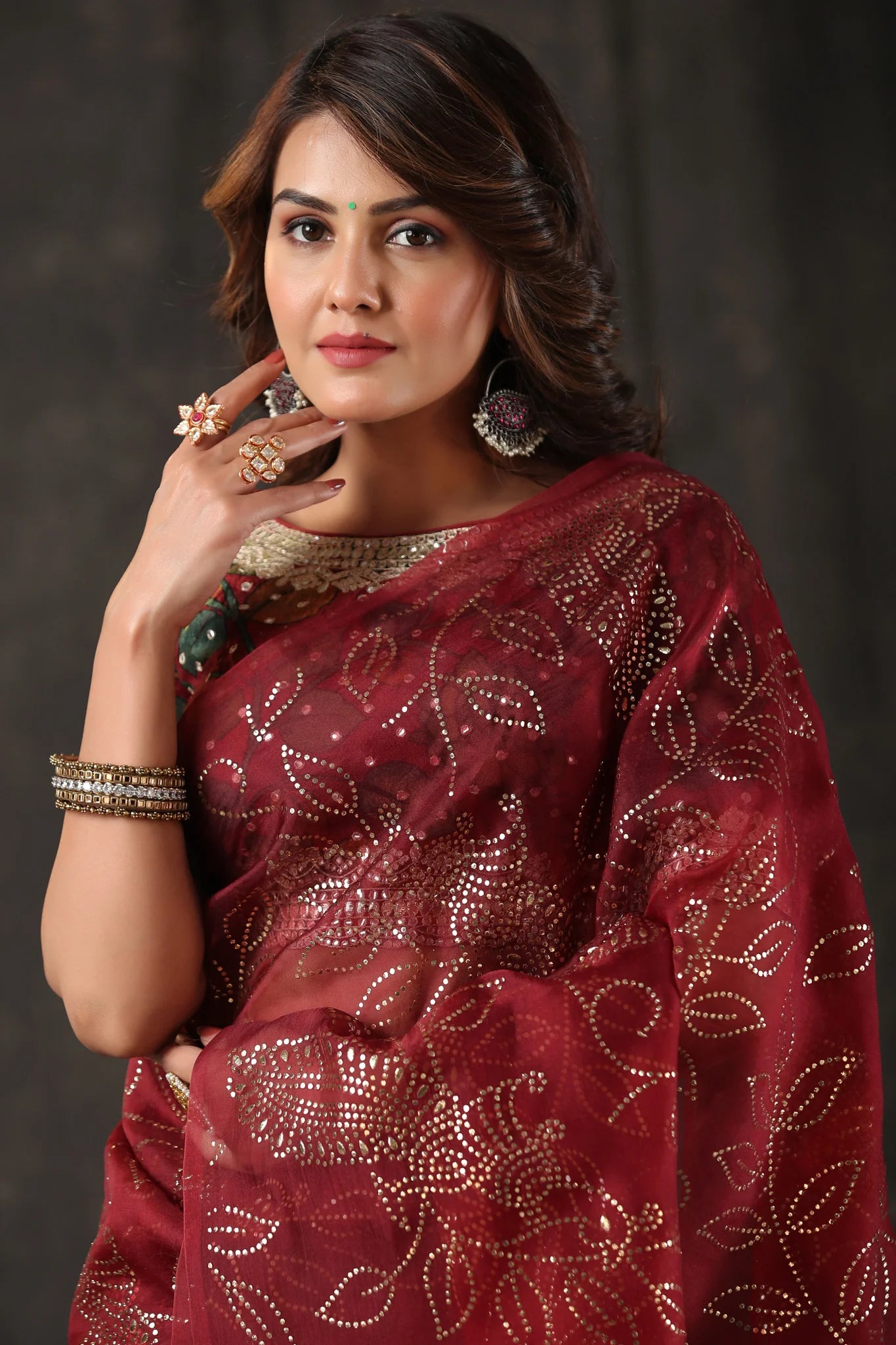 Shop beautiful maroon embellished organza silk saree online in USA. Look royal on special occasions in exquisite designer sarees, pure silk sarees, handloom sarees, Bollywood sarees, embroidered sarees, Banarasi sarees, organza sarees from Pure Elegance Indian saree store in USA.-closeup