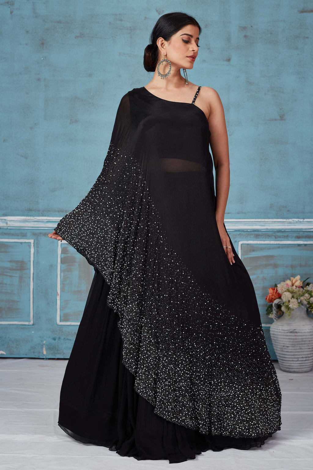 Shop stunning black embroidered crepe silk top online in USA with skirt. Look royal on special occasions in exquisite designer lehengas, pure silk sarees, handloom sarees, Bollywood sarees, Anarkali suits, Banarasi sarees, organza sarees from Pure Elegance Indian saree store in USA.-full view