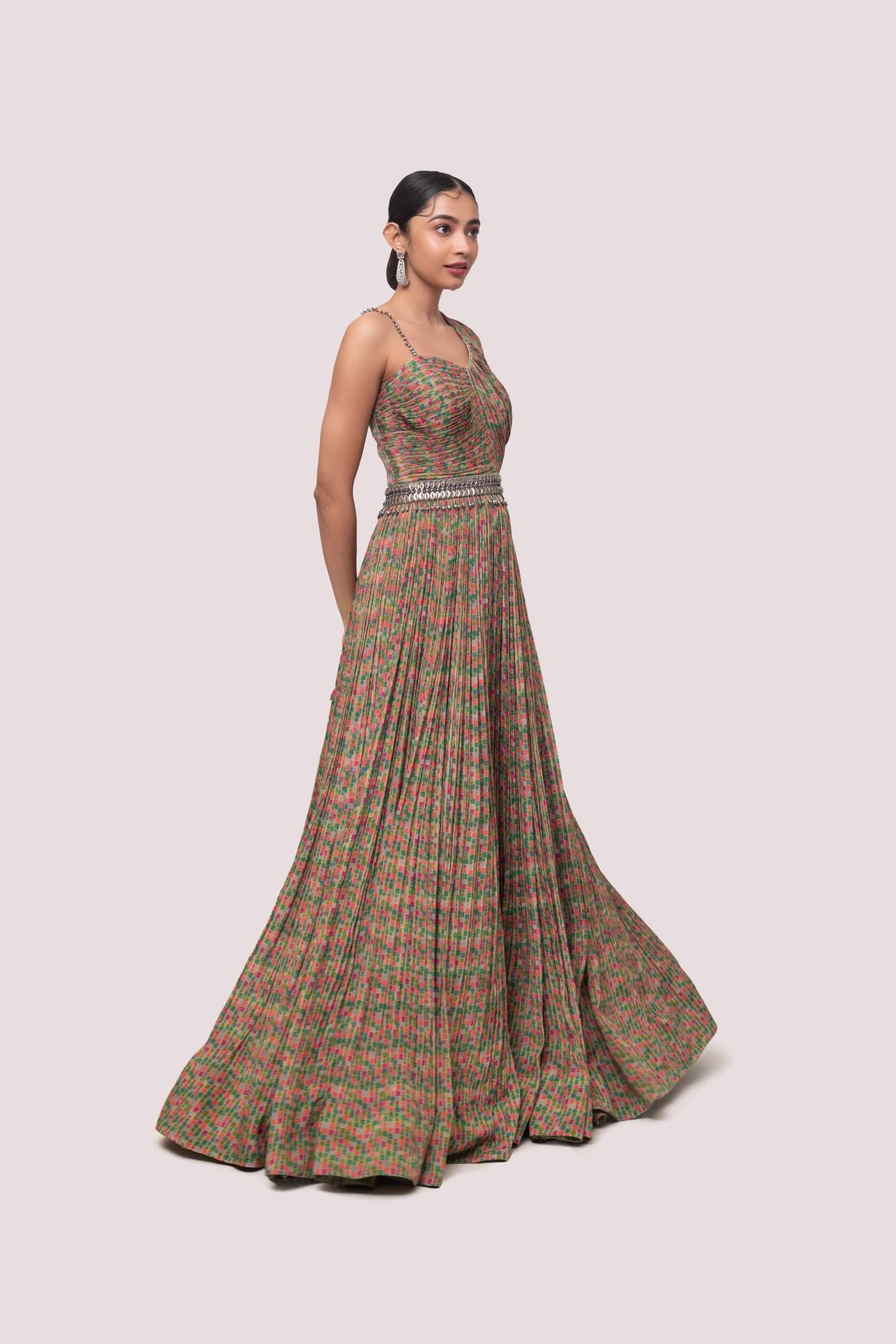Shop stunning multicolored pleated chiffon gown online in USA. Shop the best and latest designs in embroidered sarees, designer sarees, Anarkali suit, lehengas, sharara suits for weddings and special occasions from Pure Elegance Indian fashion store in USA.-side