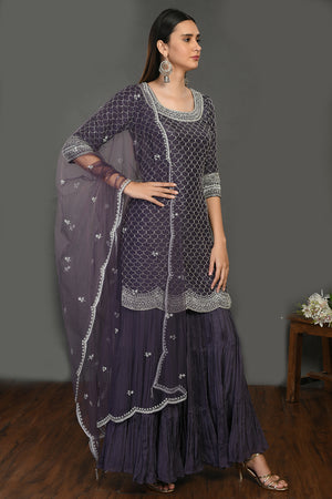 Buy beautiful grey cut dana and Moti work details sharara suit. Dazzle on weddings and special occasions with exquisite Indian designer dresses, sharara suits, Anarkali suits, and wedding lehengas from Pure Elegance Indian fashion store in USA.