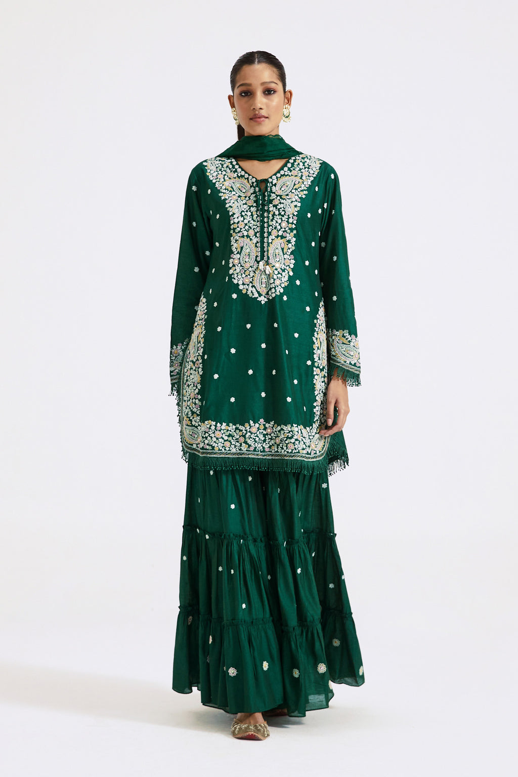 Buy bottle green embroidered chanderi sharara suit online in USA with dupatta. Shop the best and latest designs in embroidered sarees, designer sarees, Anarkali suit, lehengas, sharara suits for weddings and special occasions from Pure Elegance Indian fashion store in USA.-full view
