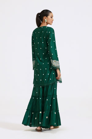 Buy bottle green embroidered chanderi sharara suit online in USA with dupatta. Shop the best and latest designs in embroidered sarees, designer sarees, Anarkali suit, lehengas, sharara suits for weddings and special occasions from Pure Elegance Indian fashion store in USA.-back