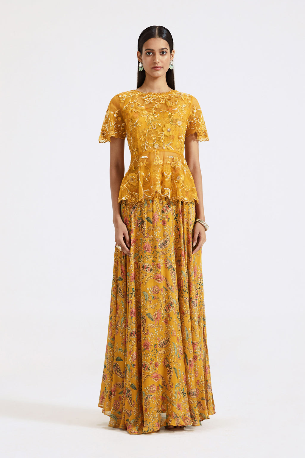 Buy beautiful mustard printed and embroidered chinnon organza skirt set online in USA. Shop the best and latest designs in embroidered sarees, designer sarees, Anarkali suit, lehengas, sharara suits for weddings and special occasions from Pure Elegance Indian fashion store in USA.-full view