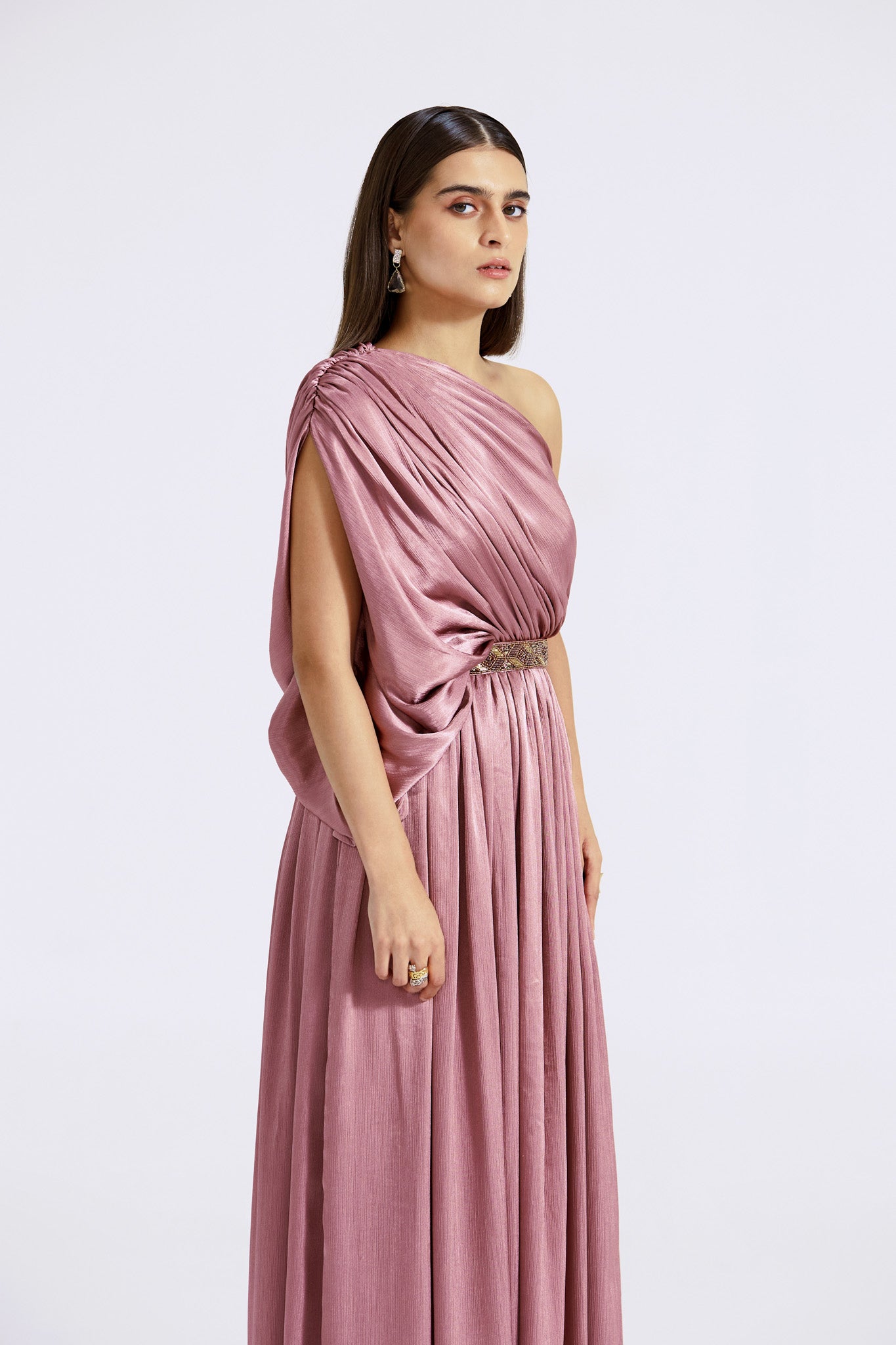 Buy stunning lilac chinon one shoulder draped gown online in USA. Shop the best and latest designs in embroidered sarees, designer sarees, Anarkali suit, lehengas, sharara suits for weddings and special occasions from Pure Elegance Indian fashion store in USA.-closeup