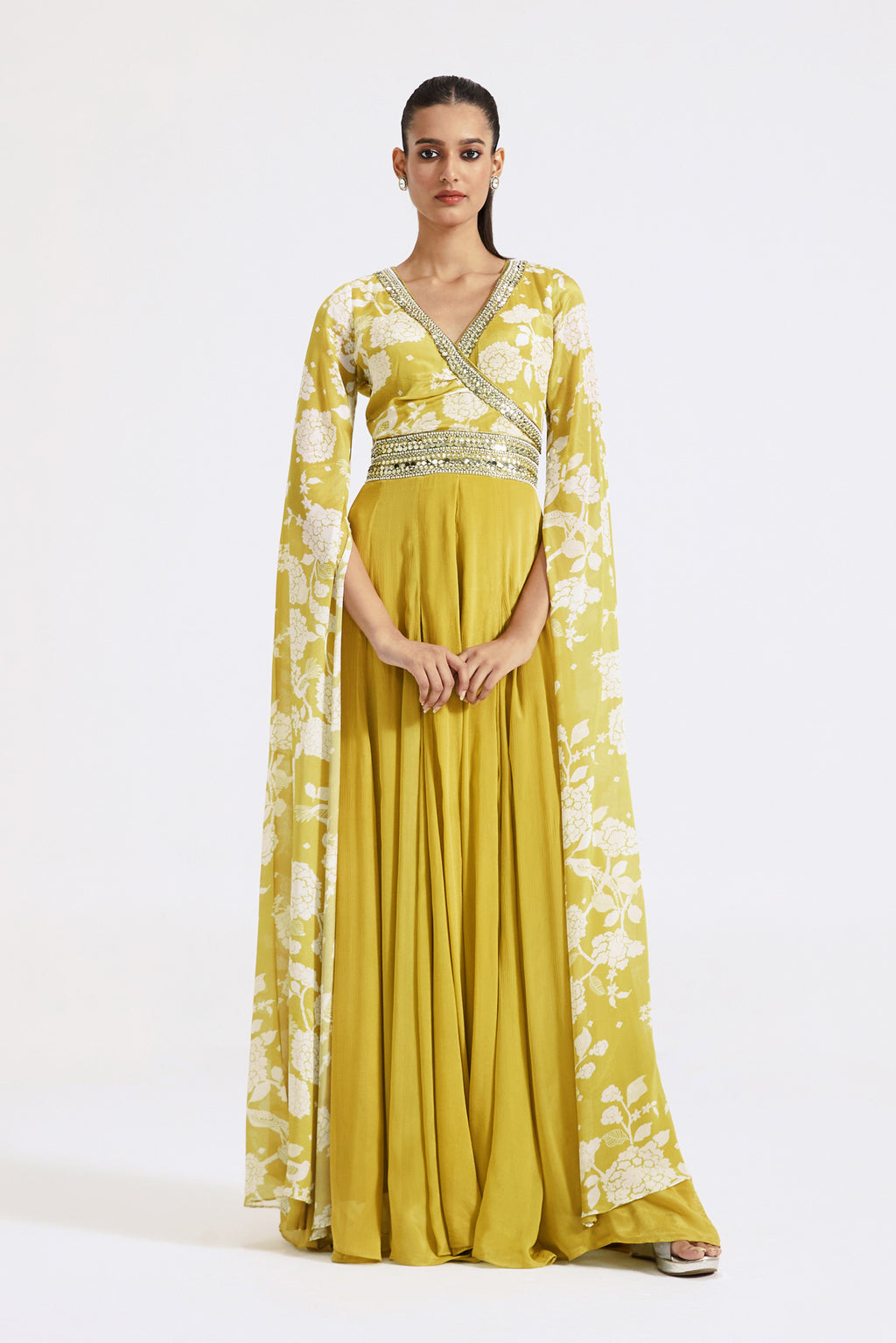Shop beautiful lime green printed chinon jumpsuit online in USA with cape sleeves. Shop the best and latest designs in embroidered sarees, designer sarees, Anarkali suit, lehengas, sharara suits for weddings and special occasions from Pure Elegance Indian fashion store in USA.-full view