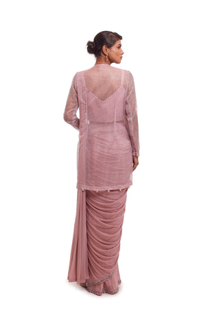 Shop beautiful dusty pink lycra embellished saree online in USA with net jacket. Look your best at parties and weddings in beautiful designer sarees, embroidered sarees, handwoven sarees, silk sarees, organza saris from Pure Elegance Indian saree store in USA.-back