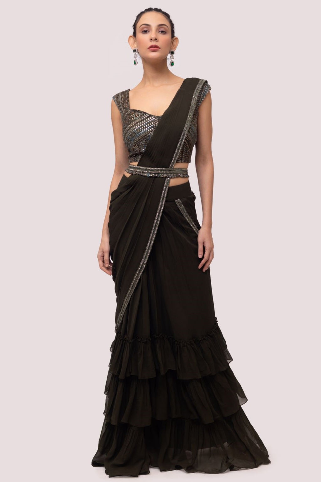 Shop olive green soft ruffle georgette saree online in USA with belt. Look your best at parties and weddings in beautiful designer sarees, embroidered sarees, handwoven sarees, silk sarees, organza saris from Pure Elegance Indian saree store in USA.-full view