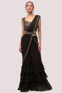 Shop olive green soft ruffle georgette saree online in USA with belt. Look your best at parties and weddings in beautiful designer sarees, embroidered sarees, handwoven sarees, silk sarees, organza saris from Pure Elegance Indian saree store in USA.-full view