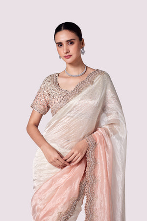 Shop beautiful ombre embroidered tissue saree online in USA with blouse. Look your best at parties and weddings in beautiful designer sarees, embroidered sarees, handwoven sarees, silk sarees, organza saris from Pure Elegance Indian saree store in USA.-closeup