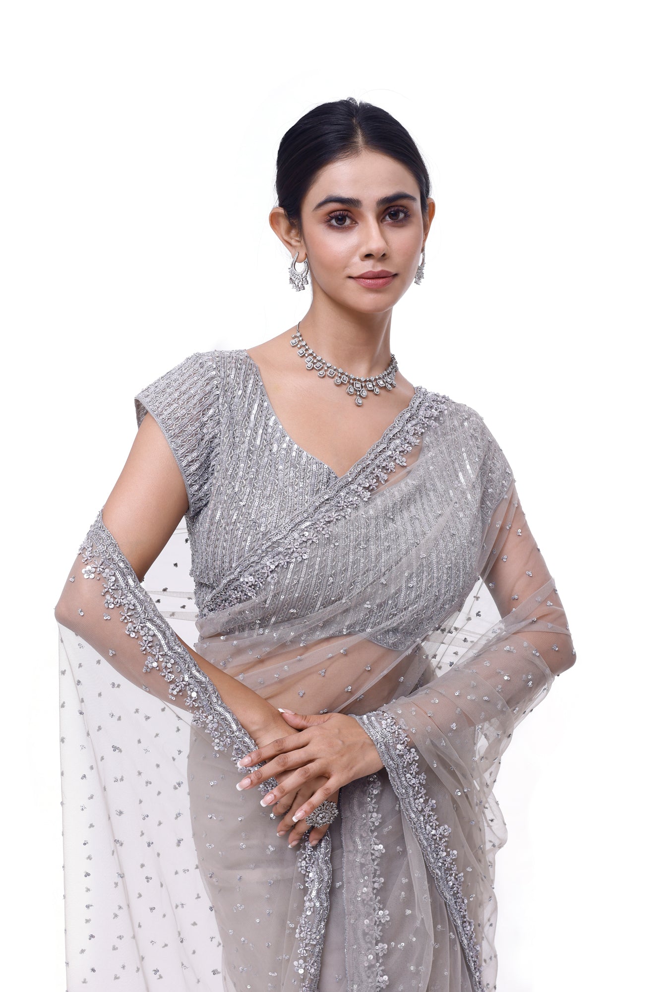 Shop beautiful light grey embroidered net saree online in USA with blouse. Look your best at parties and weddings in beautiful designer sarees, embroidered sarees, handwoven sarees, silk sarees, organza saris from Pure Elegance Indian saree store in USA.-closeup