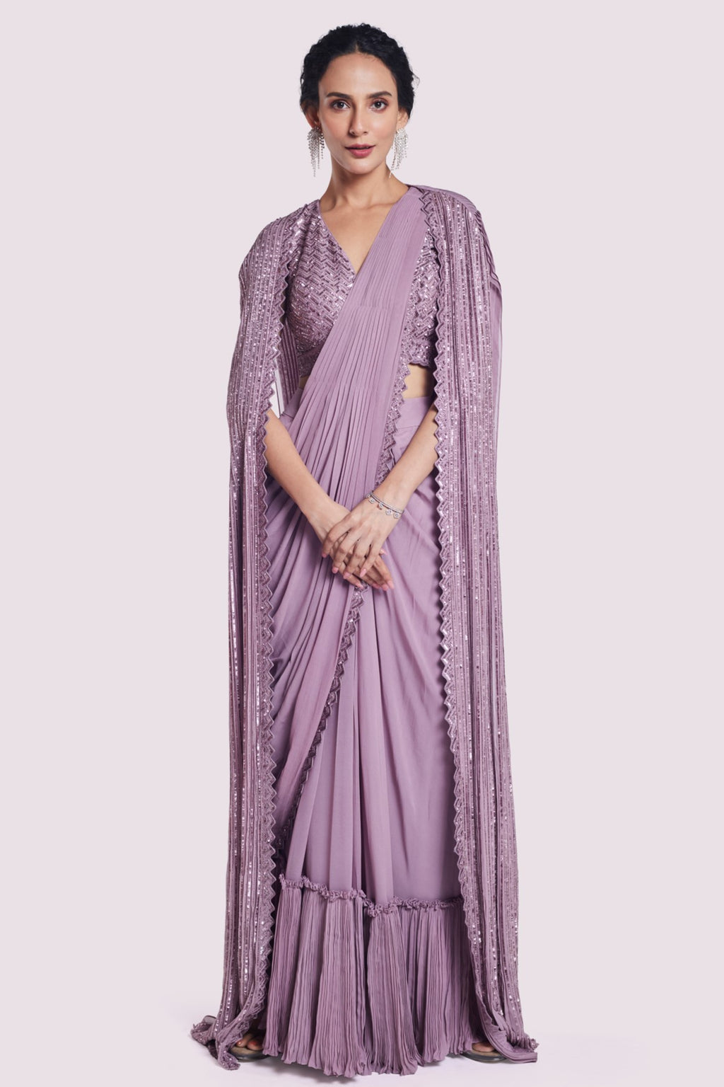 Buy mauve georgette draped saree online in USA with longline cape. Look your best at parties and weddings in beautiful designer sarees, embroidered sarees, handwoven sarees, silk sarees, organza saris from Pure Elegance Indian saree store in USA.-full view