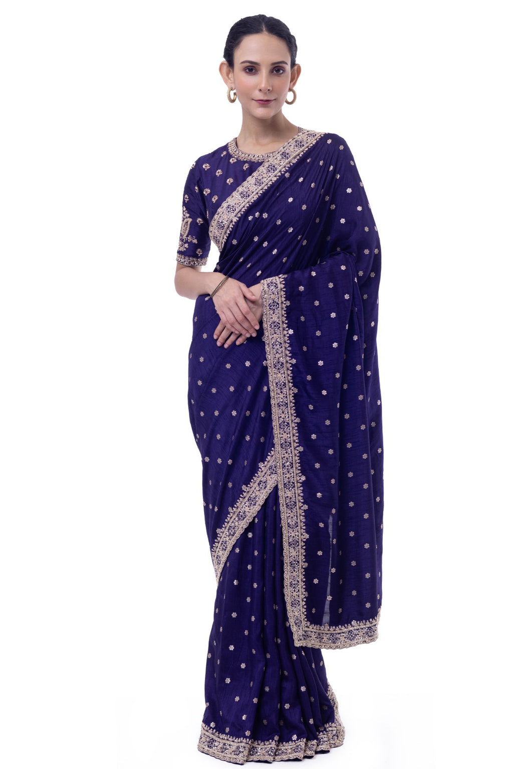 Buy purple heavy embroidered Banarasi silk saree online in USA with saree blouse. Look your best at parties and weddings in beautiful designer sarees, embroidered sarees, handwoven sarees, silk sarees, organza saris from Pure Elegance Indian saree store in USA.-full view