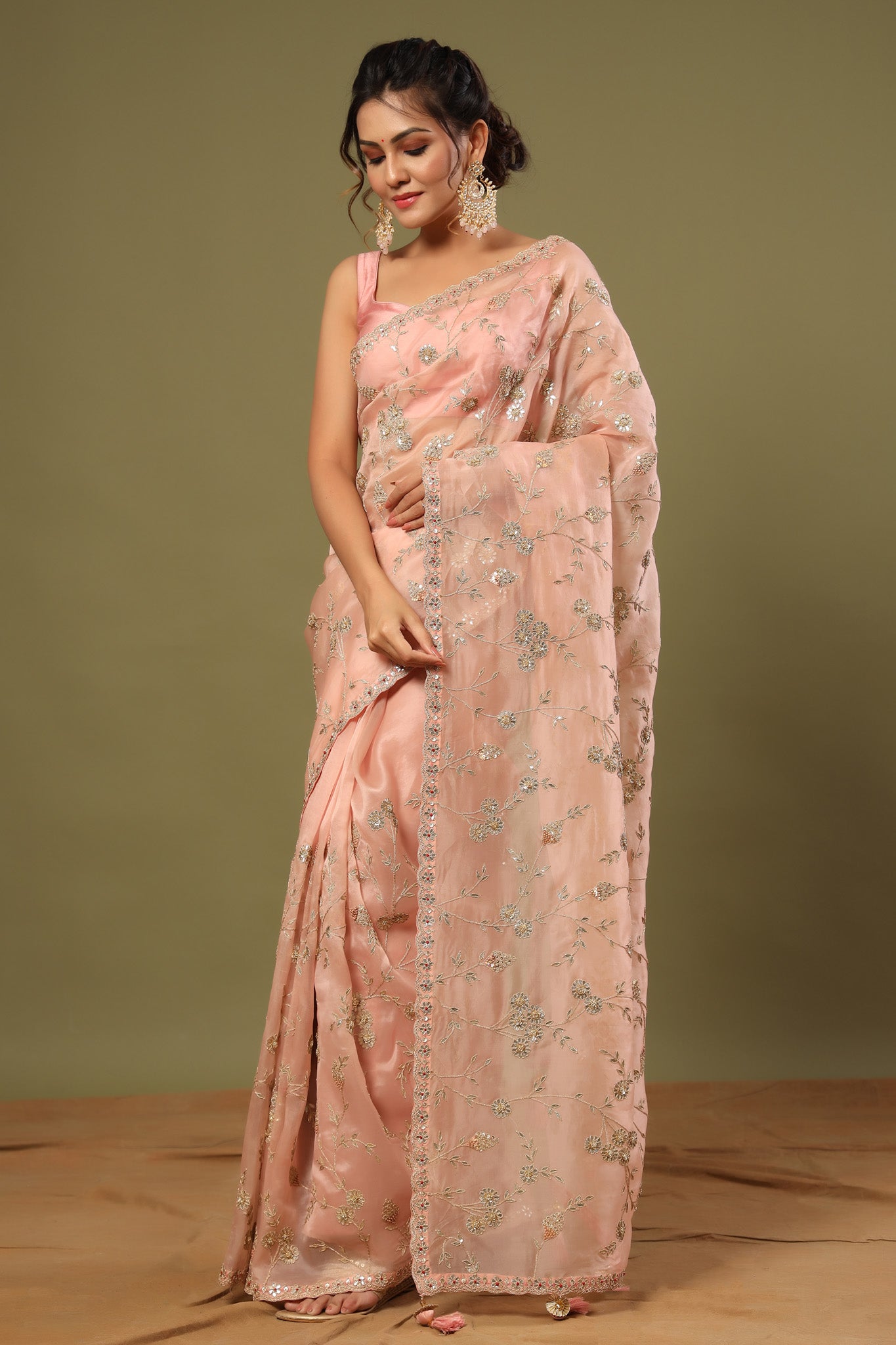 Shop elegant dusty pink embroidered organza saree online in USA. Make a fashion statement at weddings with stunning designer sarees, embroidered sarees with blouse, wedding sarees, handloom sarees from Pure Elegance Indian fashion store in USA.-saree