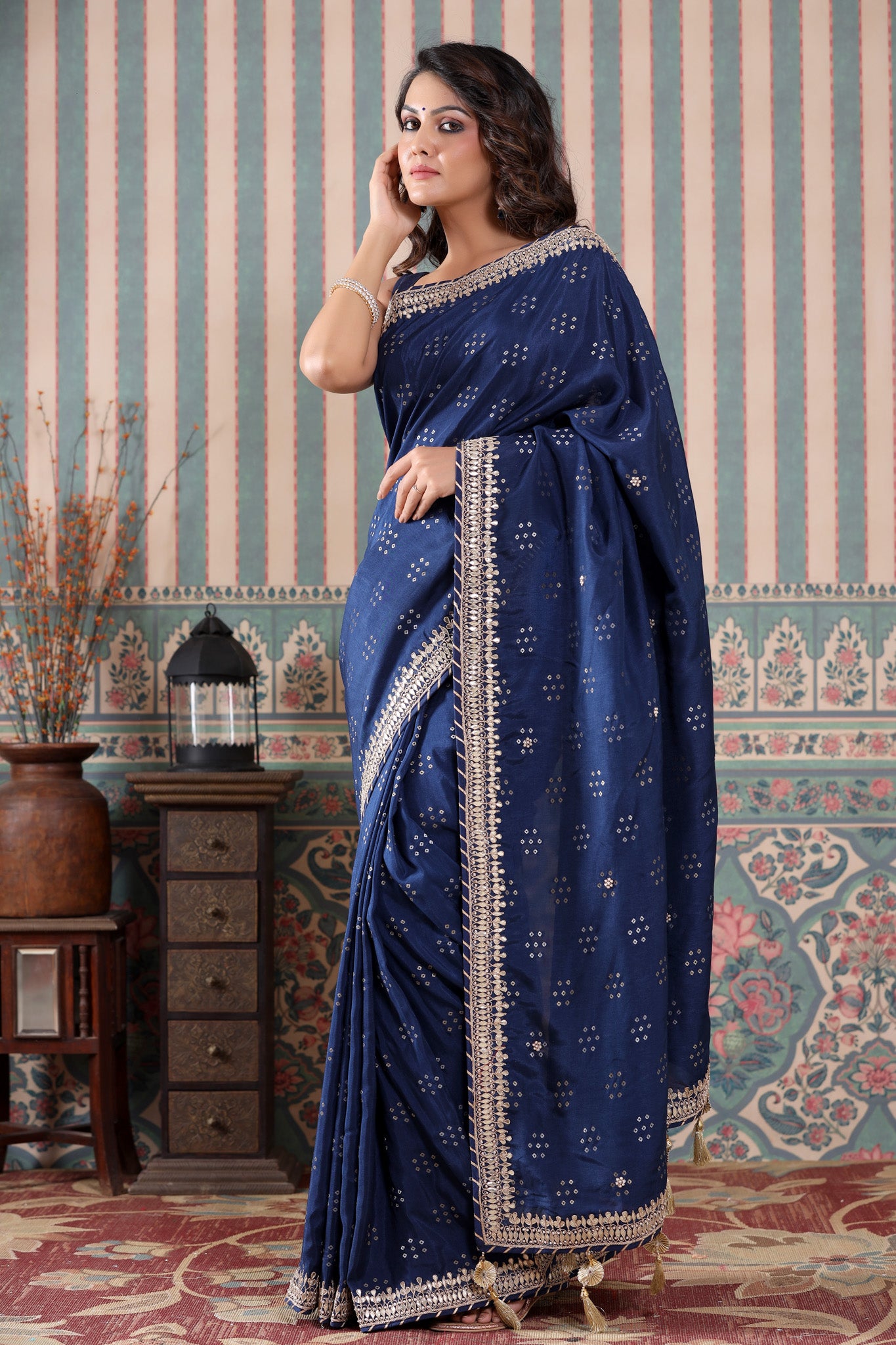 Buy beautiful navy blue georgette saree online in USA with embroidered border. Make a fashion statement at weddings with stunning designer sarees, embroidered sarees with blouse, wedding sarees, handloom sarees from Pure Elegance Indian fashion store in USA.-pallu