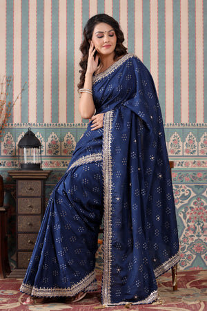 Buy beautiful navy blue georgette saree online in USA with embroidered border. Make a fashion statement at weddings with stunning designer sarees, embroidered sarees with blouse, wedding sarees, handloom sarees from Pure Elegance Indian fashion store in USA.-pallu
