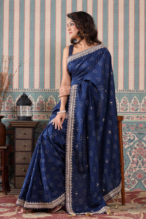 Buy beautiful navy blue georgette saree online in USA with embroidered border. Make a fashion statement at weddings with stunning designer sarees, embroidered sarees with blouse, wedding sarees, handloom sarees from Pure Elegance Indian fashion store in USA.-saree