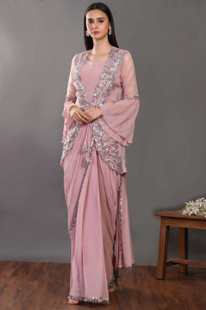 90Z938-RO Pink Georgette Drape Saree With Jacket