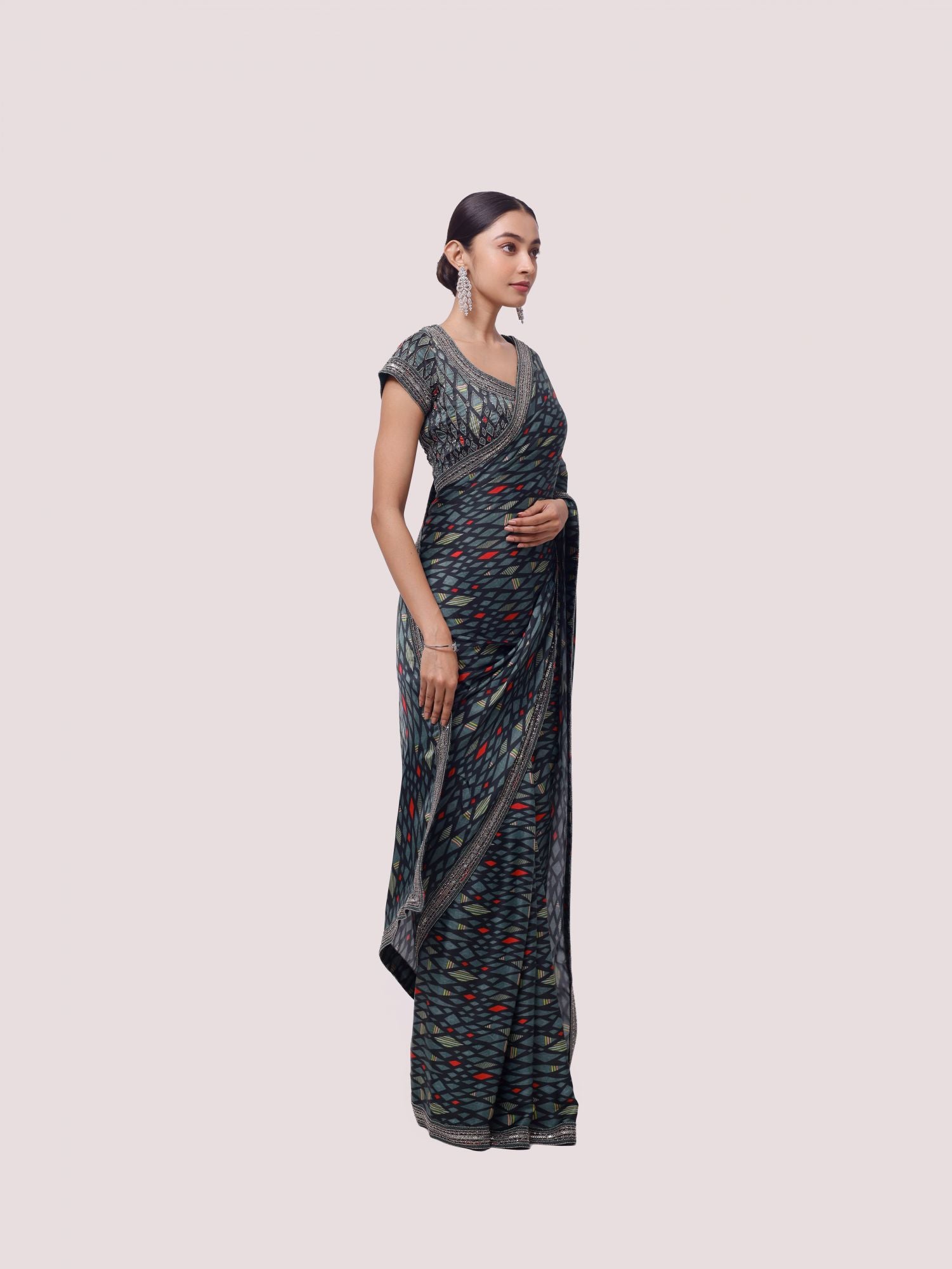 Buy green printed and embroidered satin saree online in USA with saree blouse. Look your best at parties and weddings in beautiful designer sarees, embroidered sarees, handwoven sarees, silk sarees, organza saris from Pure Elegance Indian saree store in USA.-side
