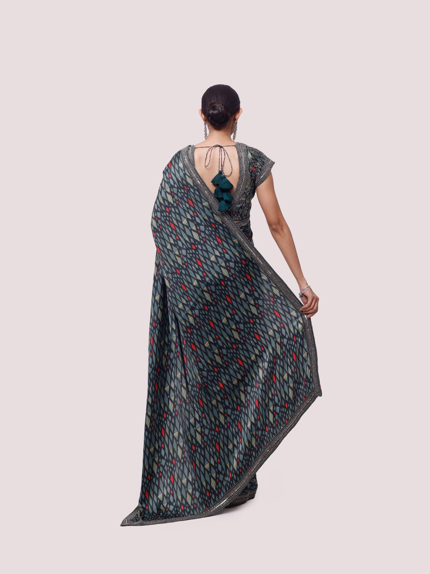 Buy green printed and embroidered satin saree online in USA with saree blouse. Look your best at parties and weddings in beautiful designer sarees, embroidered sarees, handwoven sarees, silk sarees, organza saris from Pure Elegance Indian saree store in USA.-back