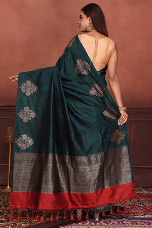 Buy dark green tussar Banarasi saree online in USA with floral zari buta. Look your best on festive occasions in latest designer sarees, pure silk sarees, Kanchipuram silk sarees, handwoven sarees, tussar silk sarees, embroidered sarees from Pure Elegance Indian clothing store in USA.-back