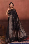 Buy black tussar Banarasi sari online in USA with antique zari work. Look your best on festive occasions in latest designer sarees, pure silk sarees, Kanchipuram silk sarees, handwoven sarees, tussar silk sarees, embroidered sarees from Pure Elegance Indian clothing store in USA.-full view