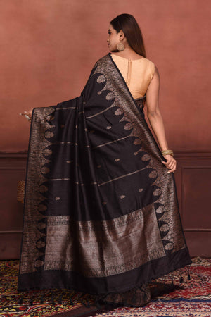 Buy black tussar Banarasi sari online in USA with antique zari work. Look your best on festive occasions in latest designer sarees, pure silk sarees, Kanchipuram silk sarees, handwoven sarees, tussar silk sarees, embroidered sarees from Pure Elegance Indian clothing store in USA.-back