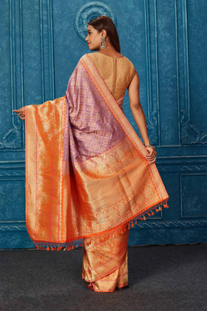 Shop lavender Banarasi saree online in USA with zari minakari work. Look your best on festive occasions in latest designer sarees, pure silk saris, Kanchipuram silk sarees, handwoven sarees, tussar silk sarees, embroidered sarees from Pure Elegance Indian saree store in USA.-back