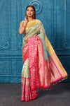 Shop beautiful green check Banarasi saree online in USA with pink and yellow zari border. Look your best on festive occasions in latest designer sarees, pure silk saris, Kanchipuram silk sarees, handwoven sarees, tussar silk sarees, embroidered sarees from Pure Elegance Indian saree store in USA.-full view