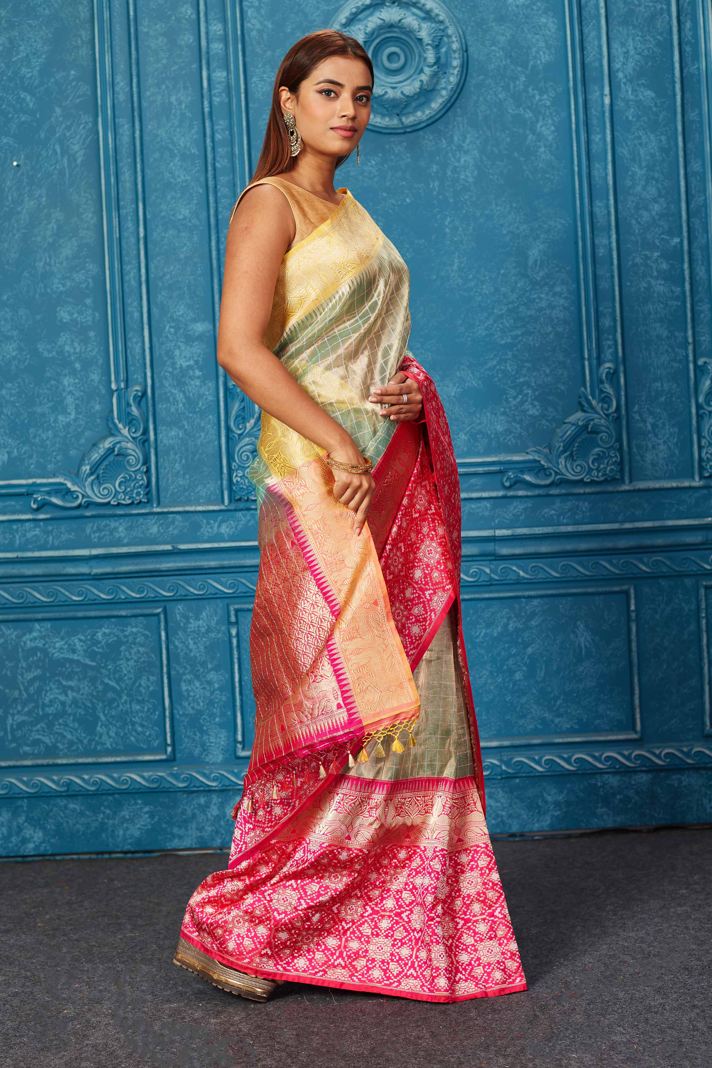 Shop beautiful green check Banarasi saree online in USA with pink and yellow zari border. Look your best on festive occasions in latest designer sarees, pure silk saris, Kanchipuram silk sarees, handwoven sarees, tussar silk sarees, embroidered sarees from Pure Elegance Indian saree store in USA.-side