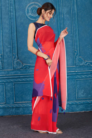 Shop red and purple printed crushed georgette saree online in USA. Look your best on festive occasions in latest designer sarees, pure silk saris, Kanchipuram silk sarees, handwoven sarees, tussar silk sarees, embroidered saris from Pure Elegance Indian clothing store in USA.-side