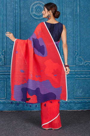 Shop red and purple printed crushed georgette saree online in USA. Look your best on festive occasions in latest designer sarees, pure silk saris, Kanchipuram silk sarees, handwoven sarees, tussar silk sarees, embroidered saris from Pure Elegance Indian clothing store in USA.-back