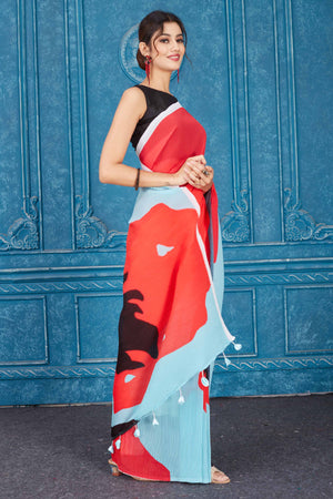 Buy red and powder blue abstract print crushed georgette saree online in USA. Look your best on festive occasions in latest designer sarees, pure silk saris, Kanchipuram silk sarees, handwoven sarees, tussar silk sarees, embroidered saris from Pure Elegance Indian clothing store in USA.-side