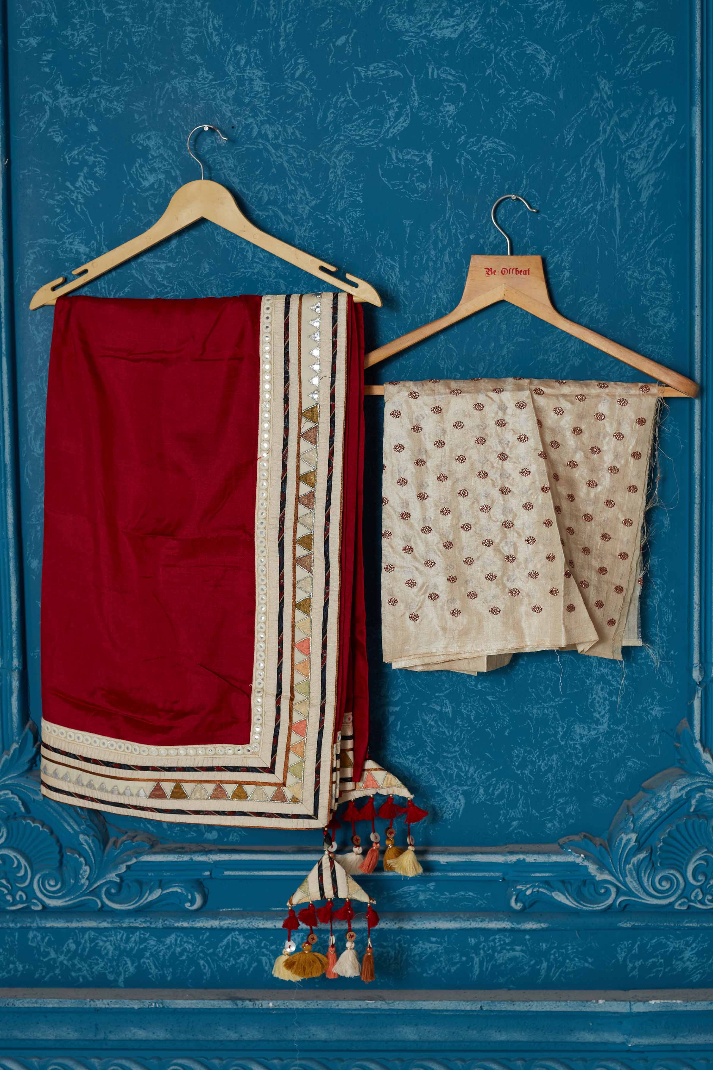 Shop beautiful blood red chanderi silk saree online in USA with patch mirror work border. Look your best on festive occasions in latest designer sarees, pure silk saris, Kanchipuram silk sarees, handwoven sarees, tussar silk sarees, embroidered saris from Pure Elegance Indian clothing store in USA.-blouse