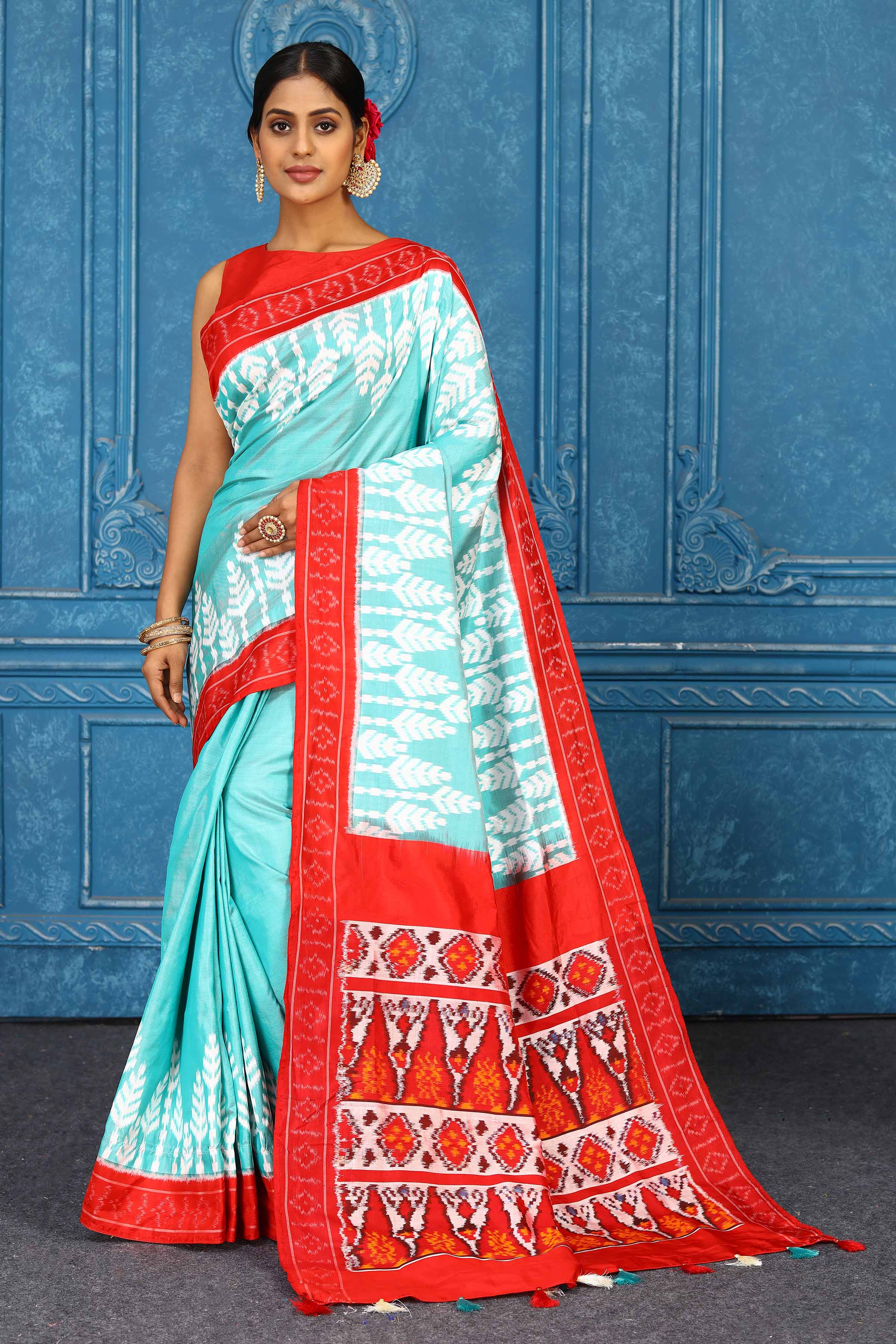 Shop stunning light blue pochampally silk ikkat saree online in USA. Look your best on festive occasions in latest designer sarees, pure silk sarees, Kanchipuram sarees, handwoven sarees, tussar silk sarees, embroidered sarees from Pure Elegance Indian clothing store in USA.-full view