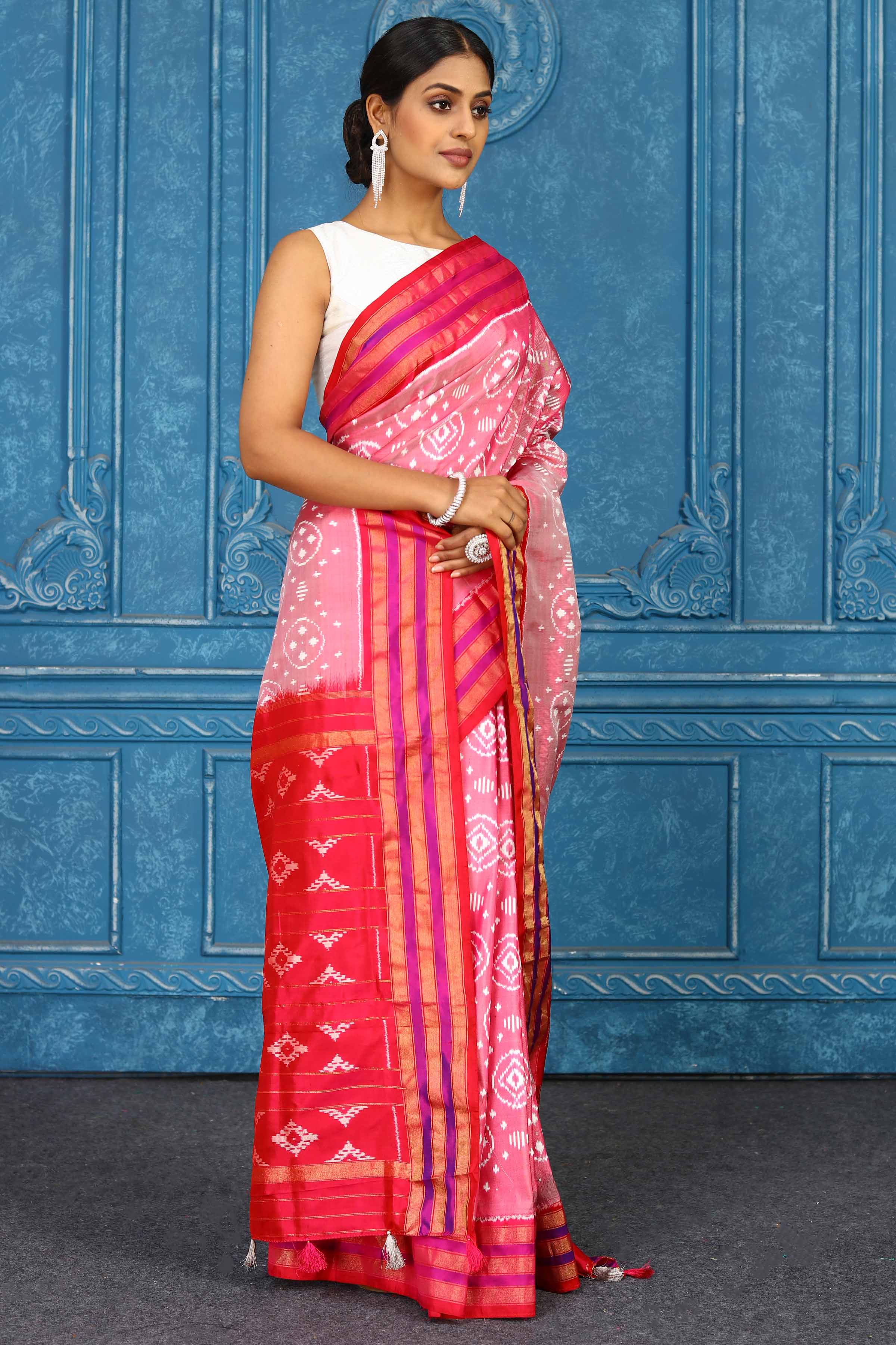 Buy pink pochampally silk ikkat saree online in USA with red border. Look your best on festive occasions in latest designer sarees, pure silk sarees, Kanchipuram sarees, handwoven sarees, tussar silk sarees, embroidered sarees from Pure Elegance Indian clothing store in USA.-side