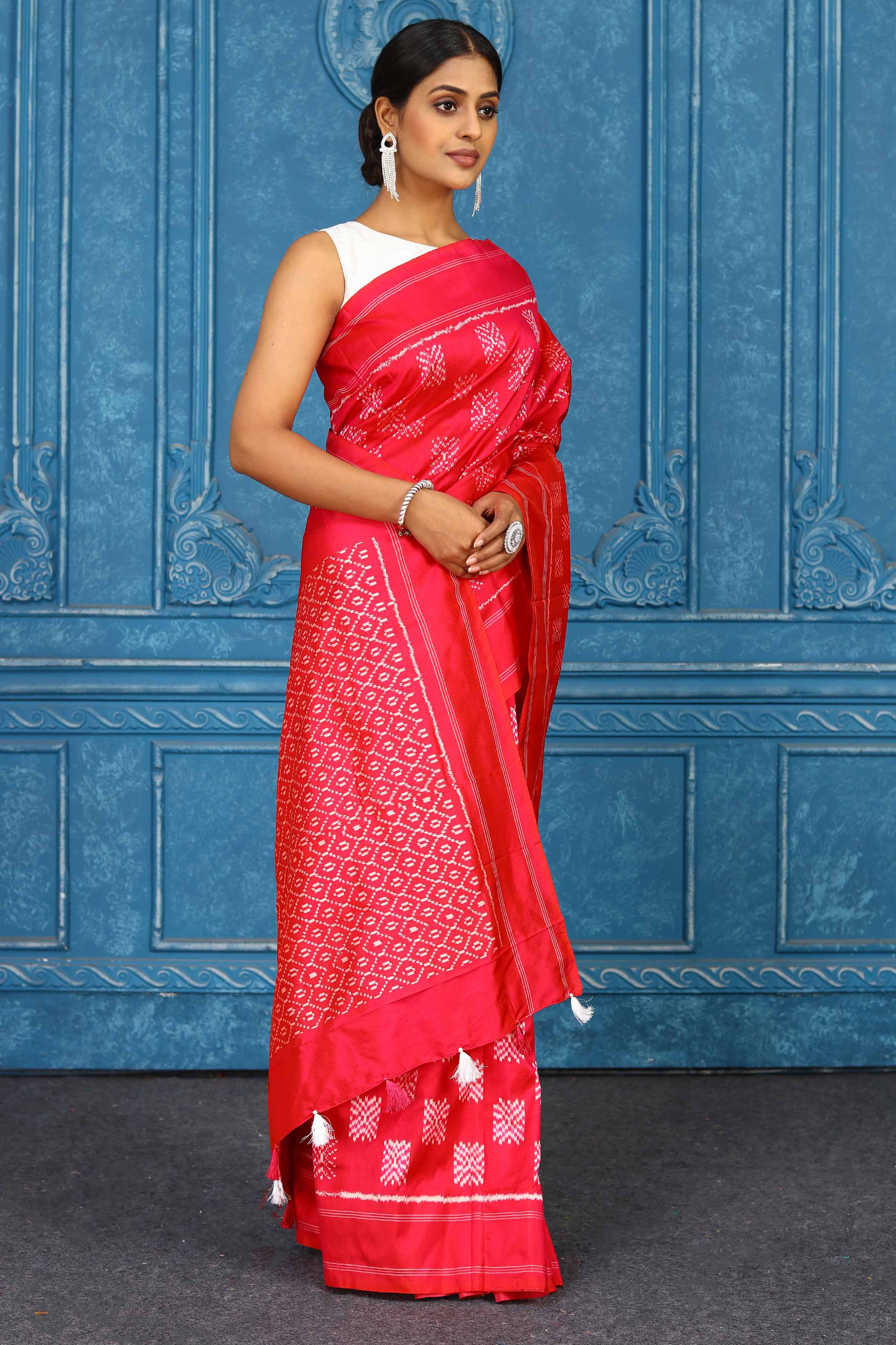 Shop red pochampally silk ikkat saree online in USA. Look your best on festive occasions in latest designer sarees, pure silk sarees, Kanchipuram sarees, handwoven sarees, tussar silk sarees, embroidered sarees from Pure Elegance Indian clothing store in USA.-side