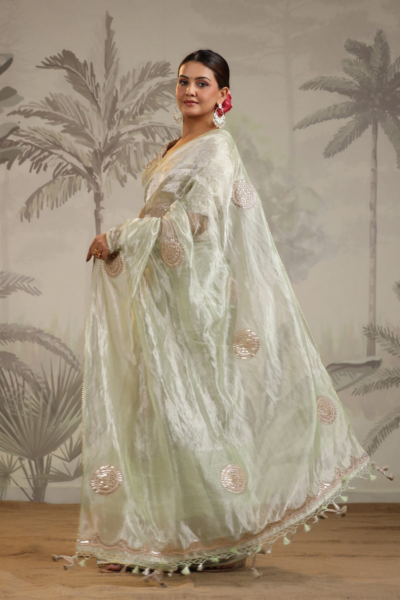 Rama Green Plain Khadi Tissue Saree with Stitched Blouse main image 0