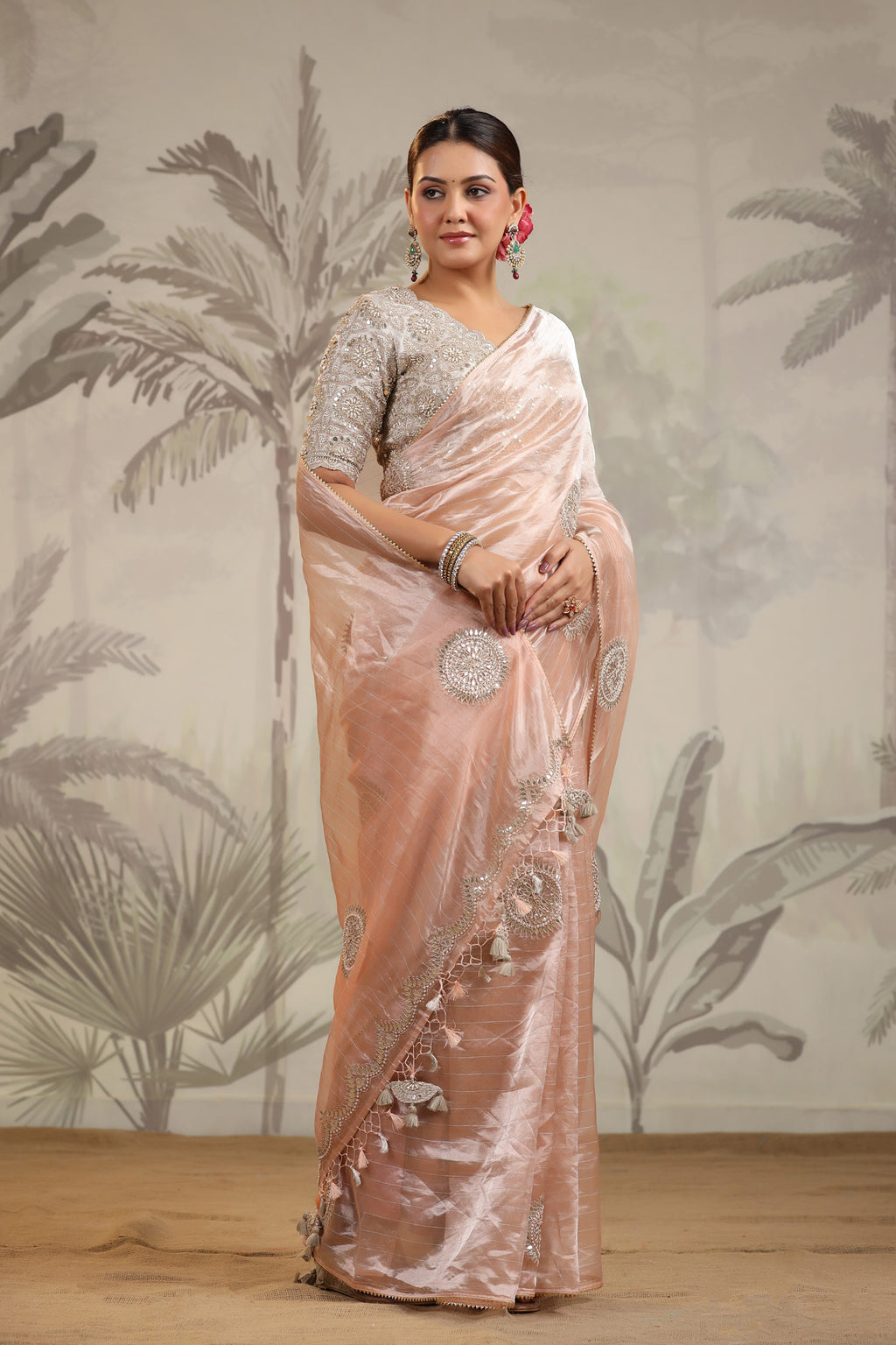 Buy champagne tissue silk sari online in USA with embroidered blouse. Make a fashion statement on festive occasions and weddings with designer suits, Indian dresses, Anarkali suits, palazzo suits, designer sarees, sharara suits, Bollywood saris from Pure Elegance Indian fashion store in USA.-full view