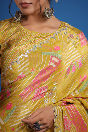 Shop mustard printed crepe georgette saree online in USA with saree blouse. Look classy at weddings and special occasions in exquisite designer sarees, embroidered sarees, party sarees, handwoven saris, pure silk sarees, Banarasi sarees, Kanjivaram sarees from Pure Elegance Indian saree store in USA.-closeup