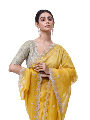 Buy yellow embroidered organza saree online in USA with green embroidered blouse. Look like a royalty in exquisite designer sarees, embroidered sarees, handwoven sarees, pure silk saris, Banarasi sarees, Kanjivaram sarees from Pure Elegance Indian saree store in USA.-closeup