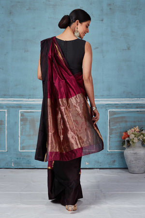 Buy magenta Pattu silk saree online in USA with black Mashru border. Look your best on festive occasions in latest designer saris, pure silk saris, Kanchipuram silk sarees, handwoven sarees, tussar silk sarees, embroidered sarees from Pure Elegance Indian fashion store in USA.-back
