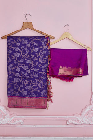 Buy purple Banarasi saree online in USA with pink zari minakari border. Look your best on festive occasions in latest designer saris, pure silk sarees, Kanjivaram silk sarees, handwoven saris, tussar silk sarees, embroidered saris from Pure Elegance Indian fashion store in USA.-blouse