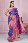Buy purple Banarasi saree online in USA with pink zari minakari border. Look your best on festive occasions in latest designer saris, pure silk sarees, Kanjivaram silk sarees, handwoven saris, tussar silk sarees, embroidered saris from Pure Elegance Indian fashion store in USA.-full view