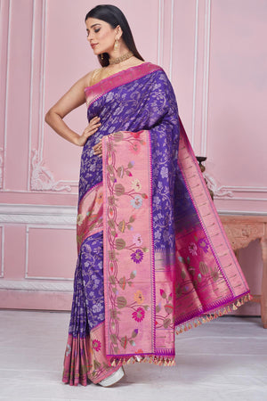 Buy purple Banarasi saree online in USA with pink zari minakari border. Look your best on festive occasions in latest designer saris, pure silk sarees, Kanjivaram silk sarees, handwoven saris, tussar silk sarees, embroidered saris from Pure Elegance Indian fashion store in USA.-pallu