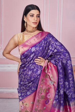 Buy purple Banarasi saree online in USA with pink zari minakari border. Look your best on festive occasions in latest designer saris, pure silk sarees, Kanjivaram silk sarees, handwoven saris, tussar silk sarees, embroidered saris from Pure Elegance Indian fashion store in USA.-closeup
