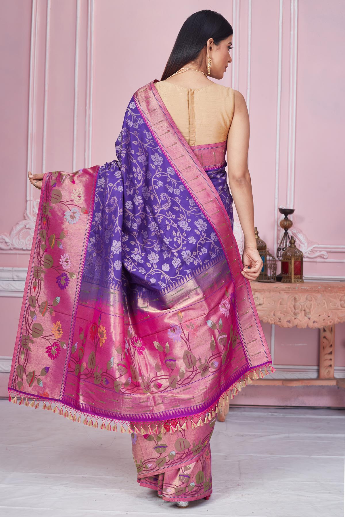 Buy purple Banarasi saree online in USA with pink zari minakari border. Look your best on festive occasions in latest designer saris, pure silk sarees, Kanjivaram silk sarees, handwoven saris, tussar silk sarees, embroidered saris from Pure Elegance Indian fashion store in USA.-back
