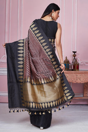 Shop beautiful brown Banarasi sari online in USA with black zari border. Look your best on festive occasions in latest designer saris, pure silk sarees, Kanjivaram silk sarees, handwoven saris, tussar silk sarees, embroidered saris from Pure Elegance Indian fashion store in USA.-back